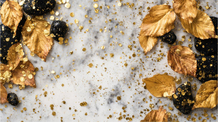 Colorful golden leaves and dark stones arranged artistically on a light marble background add elegance.の素材
