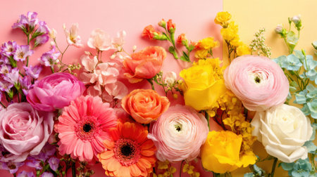 Bright flowers in various colors create a cheerful arrangement showing natural beauty and joy.の素材