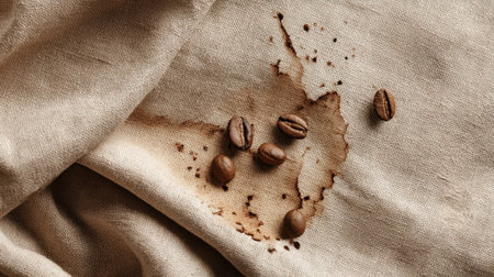 A scattering of coffee beans lies atop a soft cloth complemented by a decorative coffee stain.の素材