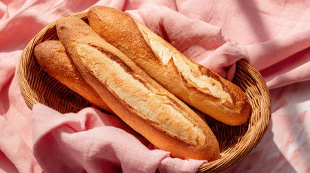 Delicious baguettes warm from the oven sit comfortably in a wicker basket surrounded by a cozy atmosphere.の素材