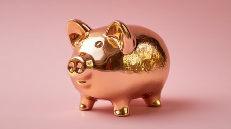 A shiny golden piggy bank stands proudly on a soft pink background showing its charming design.の素材