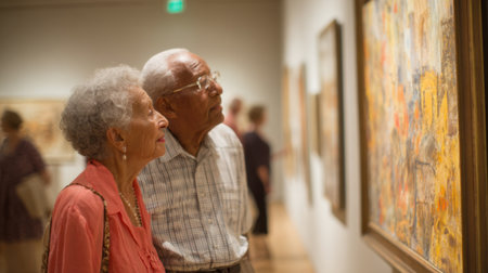Senior couple admires colorful artwork at an art gallery filled with visitors.の素材