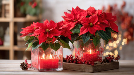 Vibrant red poinsettias arranged in glass containers are illuminated by warm candlelight creating a cozy atmosphere.の素材