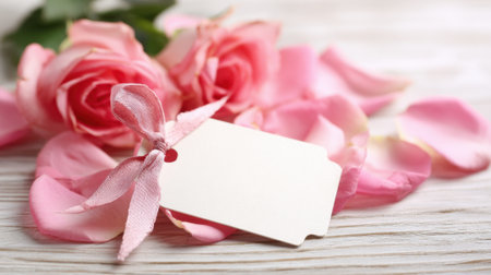 Soft pink roses surrounded by delicate petals with an empty tag ready for heartfelt notes.の素材