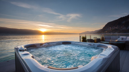 Bubbles rise in a hot tub as the sun sets behind majestic mountains by a serene lake.の素材