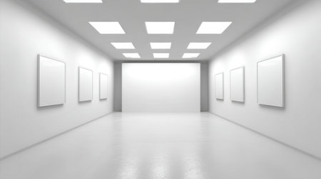 Clean white gallery space features blank walls and bright lighting perfect for showcasing art.の素材