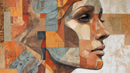 A stunning artwork features a womans profile adorned with vibrant geometric shapes and earthy colors.の素材