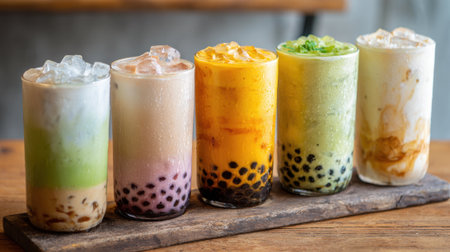 Five vibrant bubble tea drinks sit on a wooden board showing various flavors and colors.の素材