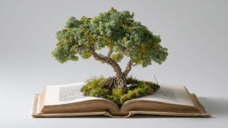 A vibrant green tree grows from the pages of a book symbolizing the connection between nature and learning.の素材