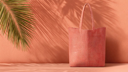 A trendy coral tote bag rests on a peach surface illuminated by soft light from the side.の素材