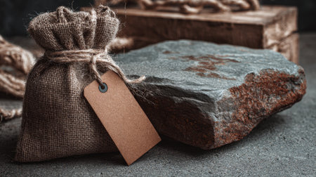 A burlap pouch sits next to a dark stone creating a warm and inviting atmosphere in a rustic space.の素材
