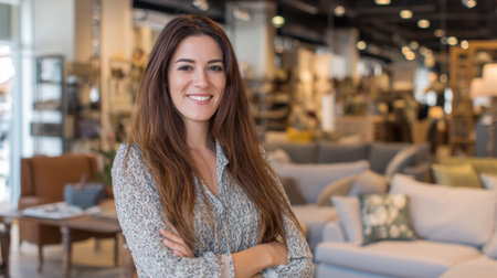A woman stands confidently in a modern furniture store surrounded by elegant decor.の素材