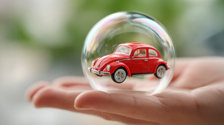 Hand cradle a crystal ball containing a tiny red car glowing in warm light surrounded by greenery.の素材