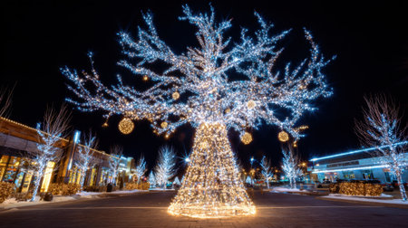 A stunning tree illuminated by countless sparkling lights creates a winter wonderland at night.の素材