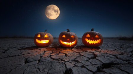 Orange jack o lanterns glow cheerfully under a bright full moon on a cool autumn night.の素材