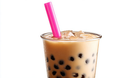 This delicious bubble tea topped with ice and a pink straw is a perfect afternoon treat.の素材