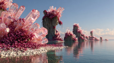 Stunning crystal structures tower above serene waters reflecting sunlight with vibrant pink hues.の素材