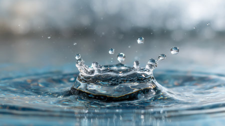 Water droplets rise and fall forming delicate crowns as sunlight glimmers on the surfaceの素材