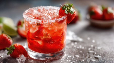 A vibrant strawberry cocktail sits on a rustic table surrounded by fresh strawberries and lime wedges.の素材