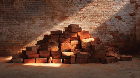 A stack of weathered bricks rests on a dusty floor illuminated by soft sunlight in an old room.の素材
