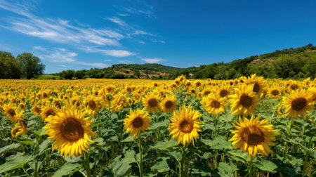 A lively field of sunflowers stretches under a clear blue sky capturing the joy of summer.の素材