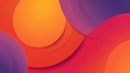 Bold shapes and layers create a lively visual experience blending warm shades of orange red and purple.の素材