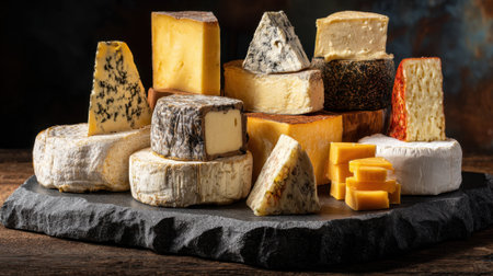 A vibrant display of various cheeses showcases unique textures and colors perfect for tasting.の素材
