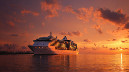 A magnificent cruise ship rests peacefully in the harbor as a colorful sunset paints the sky.の素材