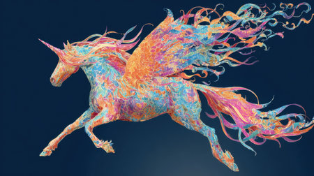 A powerful unicorn with bright swirling wings leaps through an enchanting landscape filled with color.の素材