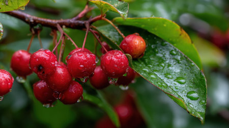 Bright red berries hang from branches surrounded by lush green leaves glistening in the morning light.の素材