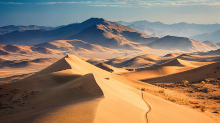 Golden sand dunes rise dramatically bathed in afternoon light surrounded by distant mountains.の素材