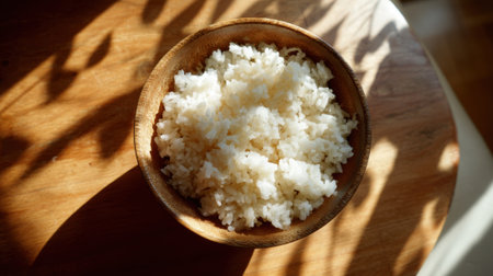 Freshly cooked white rice fills a wooden bowl casting beautiful shadows in warm sunlight.の素材