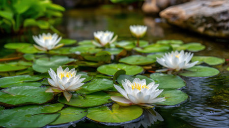 White water lilies float gracefully on a calm pond creating a tranquil natural scene.の素材