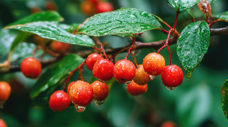 Bright red berries hang delicately on a branch glistening with raindrops in a vibrant garden.の素材