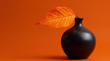 Black vase holds a striking orange leaf set against a warm orange background creating harmony.の素材