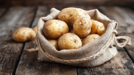 A burlap sack filled with newly picked potatoes rests on a weathered wooden table.の素材