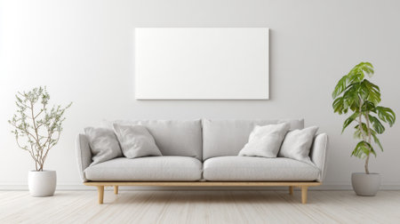 A cozy living space features a light gray sofa adorned with soft pillows surrounded by green plants.の素材