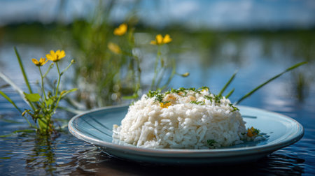 A plate of fluffy white rice is beautifully garnished with fresh herbs and flowers beside calm waters.の素材