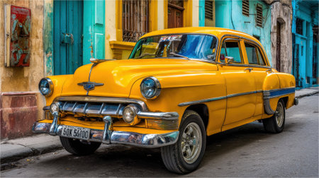 A vintage yellow car is parked against vibrant buildings showing the charmの素材