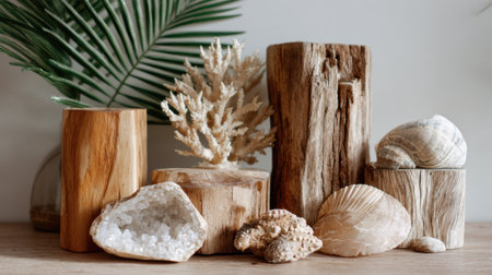 This scene showcases a beautiful arrangement of natural elements including wood pieces shells and coral.の素材