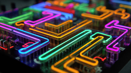 Neon lights create a mesmerizing design with colorful circuit patterns on a sleek background.の素材