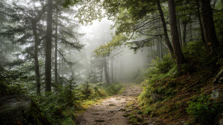 A peaceful forest path winds through tall trees enveloped in soft morning mist and tranquility.の素材