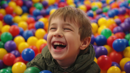 A young boy is laughing heartily while playing in a sea of colorful plastic balls enjoying his time.の素材