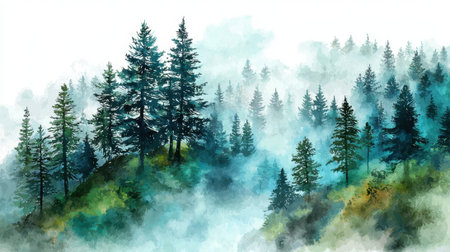 Dense trees rise above soft mist creating a serene and peaceful scene in the morning.の素材