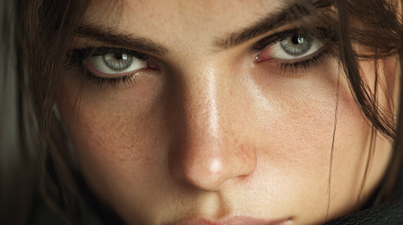 Close up view of a young womans intense gaze highlighting her unique features and natural charm.の素材