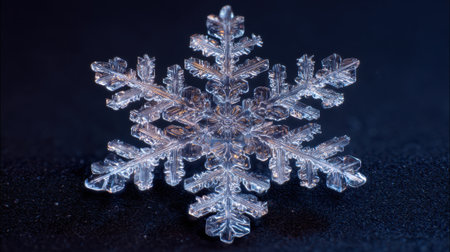 Intricate snowflake rests on a dark background revealing stunning crystalline patterns and details.の素材