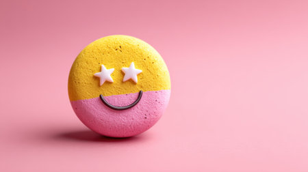 A charming macaron with a smiling face and star details rests on a soft pink surface.の素材