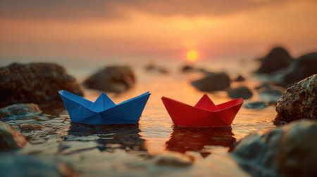Two paper boats, one red and one blue rest gently on the waters surface as the sun sets.の素材