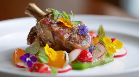 Tender lamb served creatively with vibrant flowers and fresh garden vegetables creating a feast for the eyes.の素材