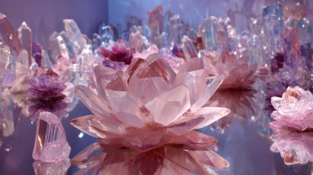 Glittering pink crystals and flower shapes create a serene atmosphere inspiring calm and beauty.の素材